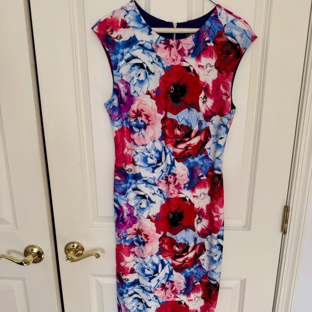 Vince Camuto Floral Sheath Dress Navy Red Lined Sz 10 Medium